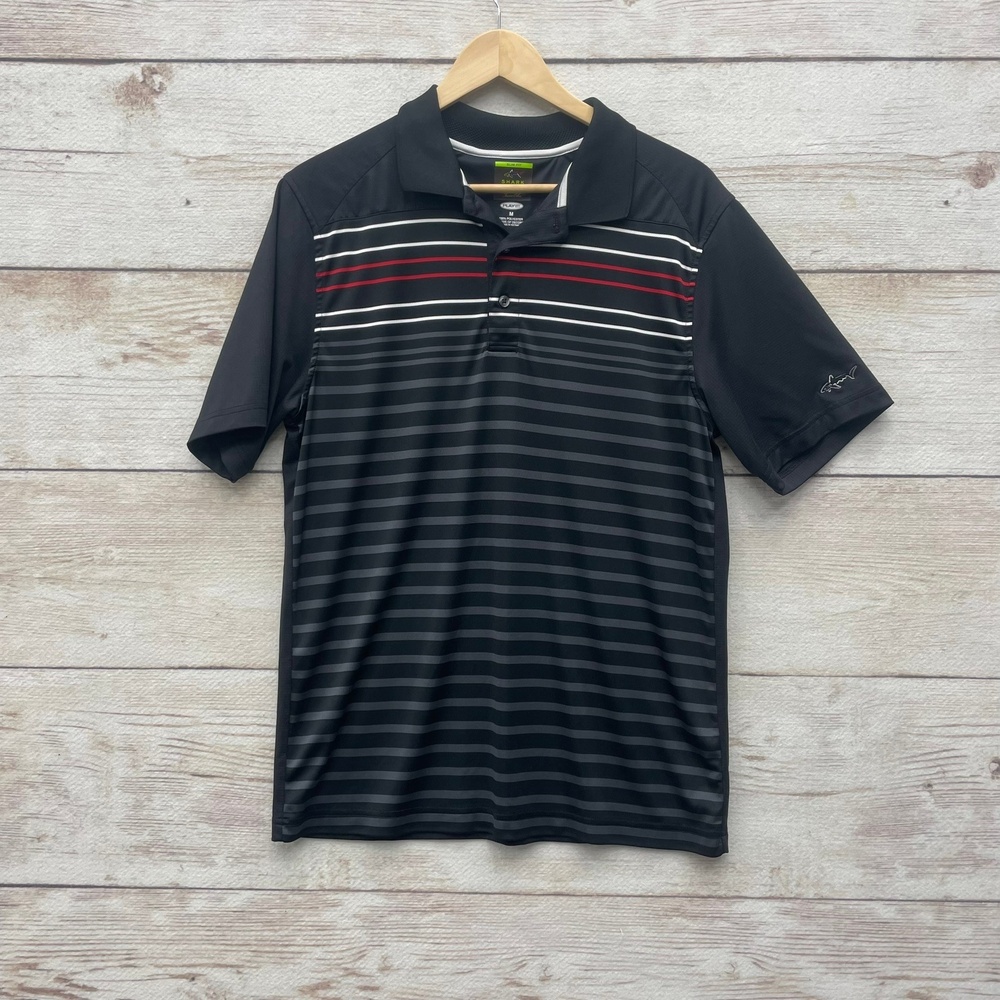 Greg Norman‎ Shark Tasso Elba Medium Slim fit Black Striped Golf Polo Shirt